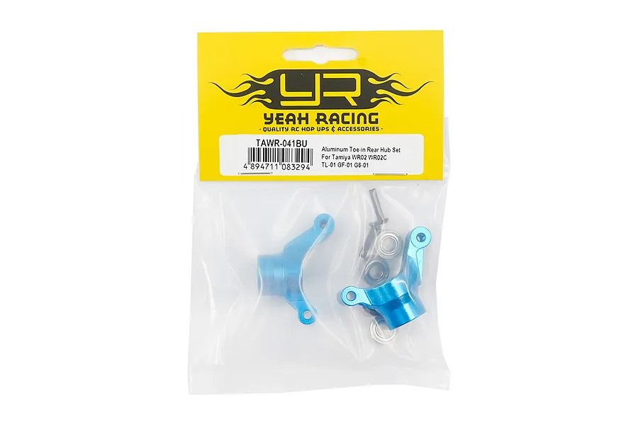 Yeah Racing blue aluminium rear hub set for Tamiya RC cars in original yellow and clear plastic packaging.