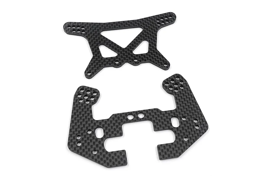 Two carbon fibre RC shock towers with a woven pattern and multiple mounting holes on a white background.