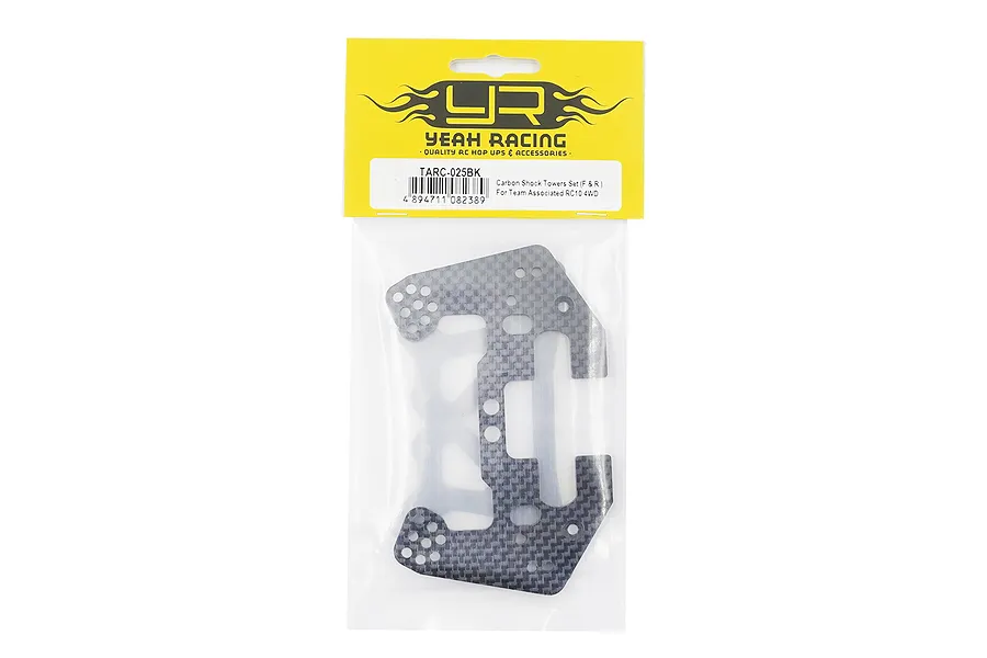 Yeah Racing carbon fibre shock towers for Team Associated RC10 4WD in original yellow and clear plastic retail packaging.