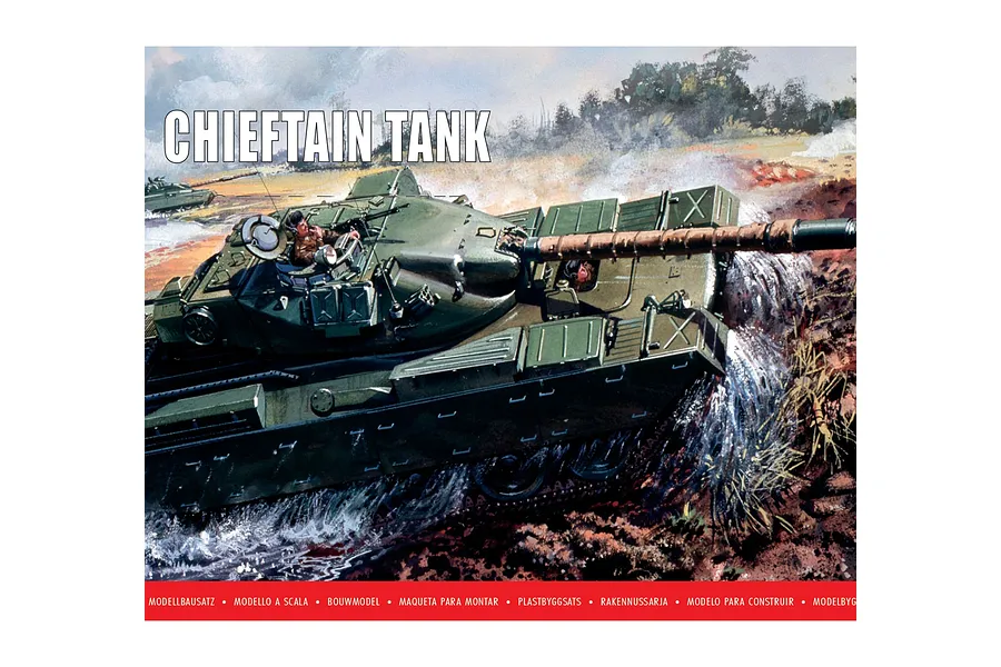 Box art for an Airfix 1/76 scale Chieftain Battle Tank model kit showing an illustrated green tank driving through water.