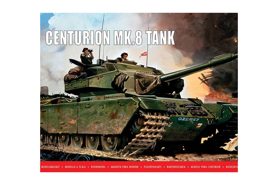 Box art for an Airfix 1/76 scale Centurion Mk.8 Tank model kit showing a green tank in a battlefield scene with soldiers.