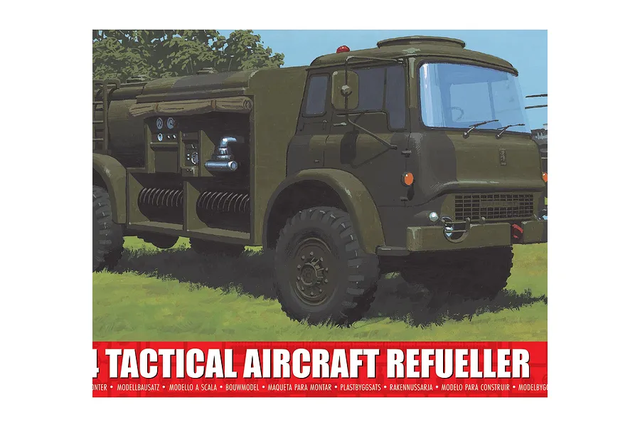 Box art for an Airfix 1/76 scale 4x4 Tactical Aircraft Refueller model kit, showing an illustration of an olive green military fuel truck in a field.