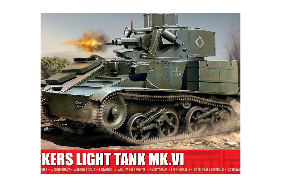 Box art for Airfix 1/76 scale Vickers Light Tank Mk.VI model kit featuring an illustration of the tank in action.