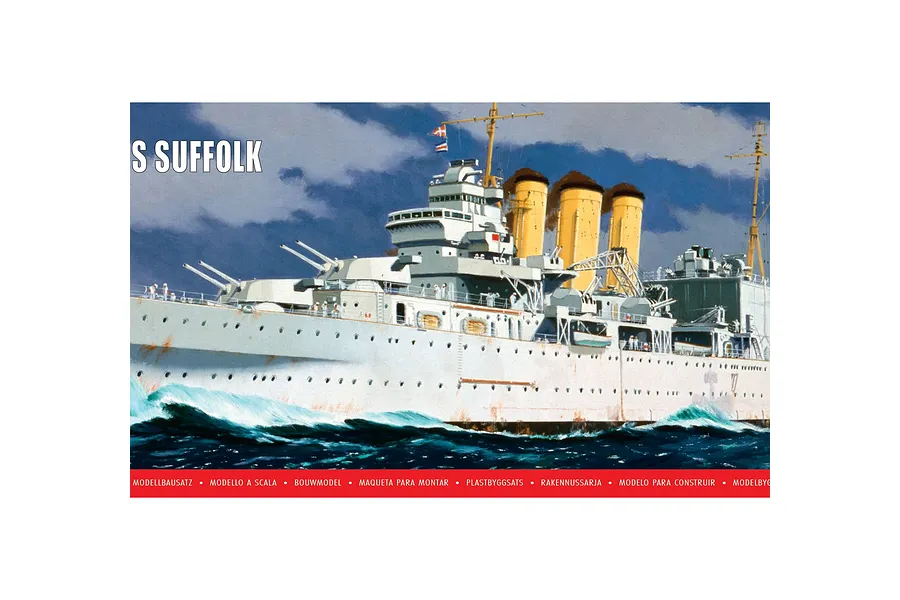Box art for Airfix 1/600 scale HMS Suffolk model kit showing the grey cruiser sailing on dark blue seas under a cloudy sky.