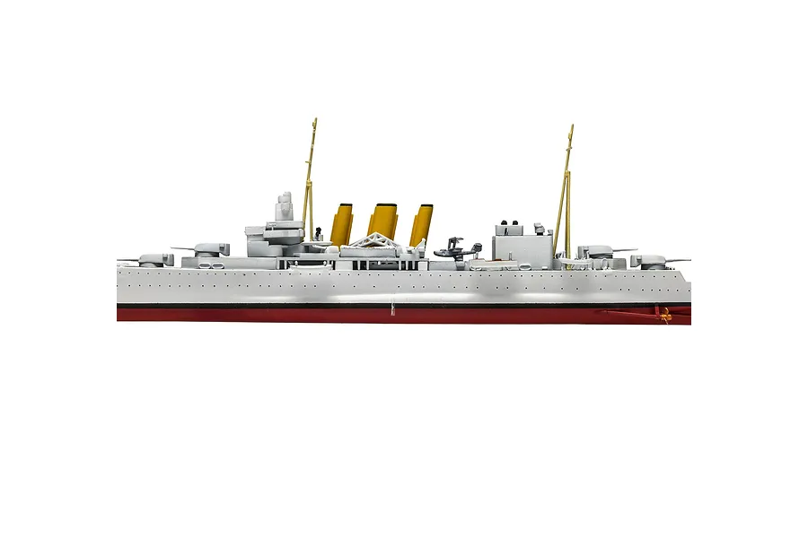Side profile view of a fully assembled and painted 1/600 scale model of the HMS Suffolk heavy cruiser, featuring grey hull, yellow funnels, and masts.