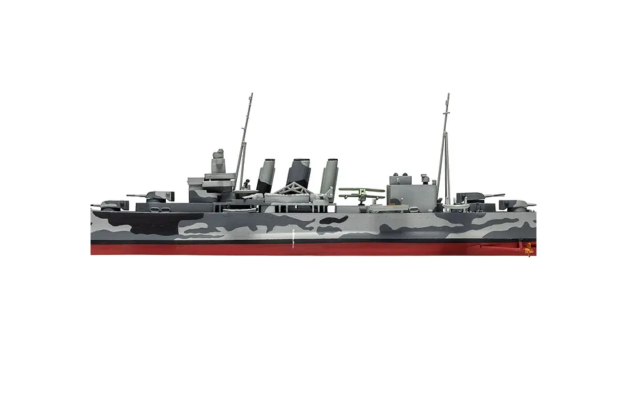 Side profile view of a 1/600 scale plastic model of the HMS Suffolk heavy cruiser with camouflage paint.