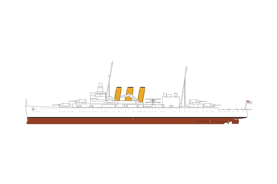 A side-profile line drawing of the HMS Suffolk heavy cruiser, showing the hull, funnels, and masts.