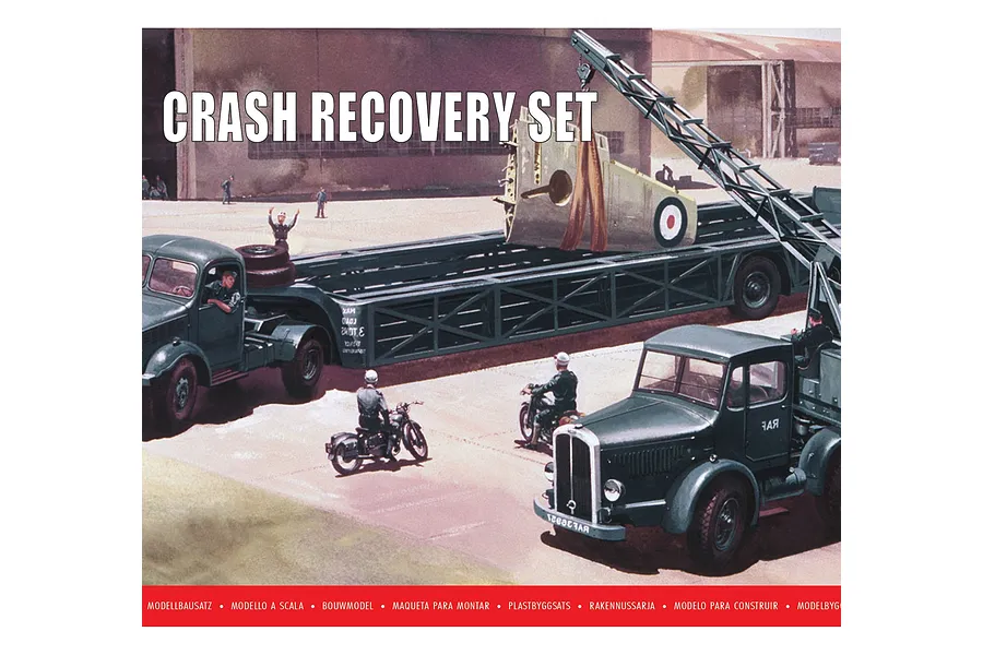 Box art for Airfix 1/76 Crash Recovery Set showing a military truck towing a trailer with a plane section, another truck, and two motorcycles.