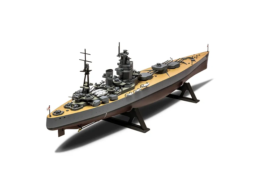 A fully assembled and painted 1/600 scale model of the HMS Nelson battleship, displayed on a black plastic stand against a white background.