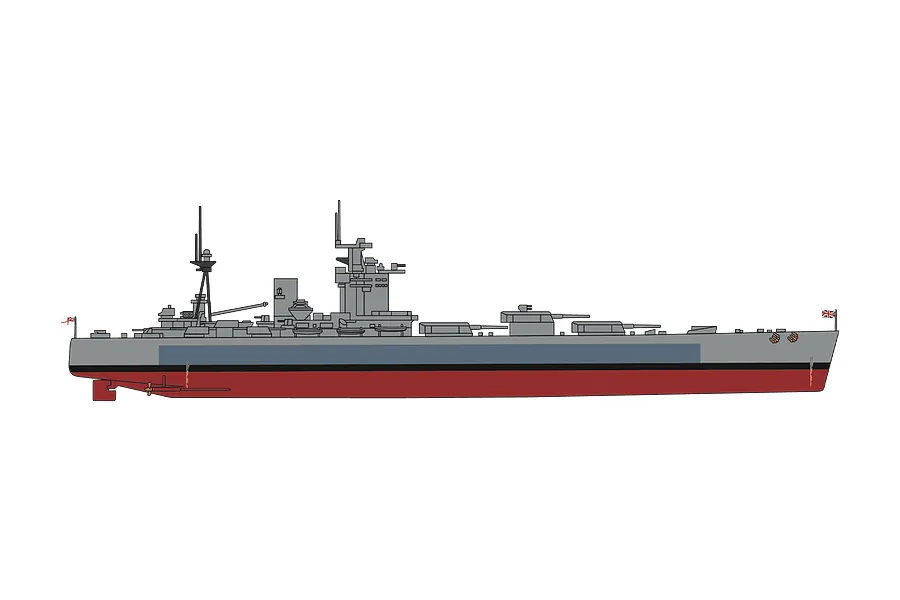 A digital side-profile illustration of the HMS Nelson battleship, showing its grey hull, red lower section, and deck armaments.