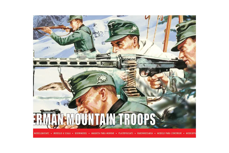 Box art for Airfix 1/32 scale WWII German Mountain Troops model kit featuring soldiers in snowy terrain with a machine gun.