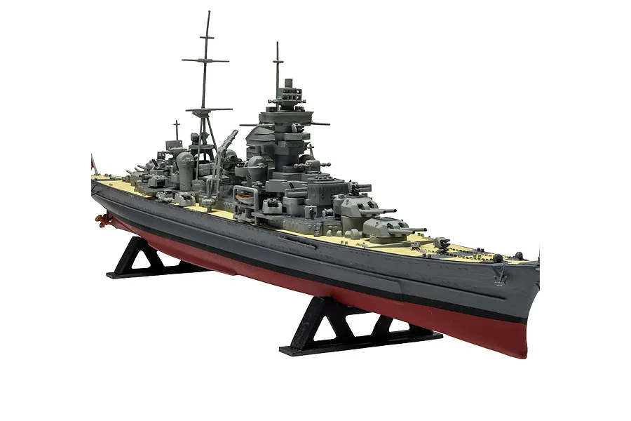 A fully assembled and painted 1/600 scale plastic model of the Prinz Eugen heavy cruiser, mounted on a black display stand against a white background.