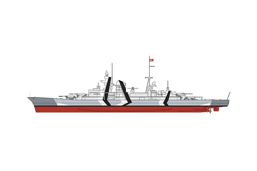 A side-profile digital illustration of the German heavy cruiser Prinz Eugen featuring a distinctive black and white camouflage pattern.