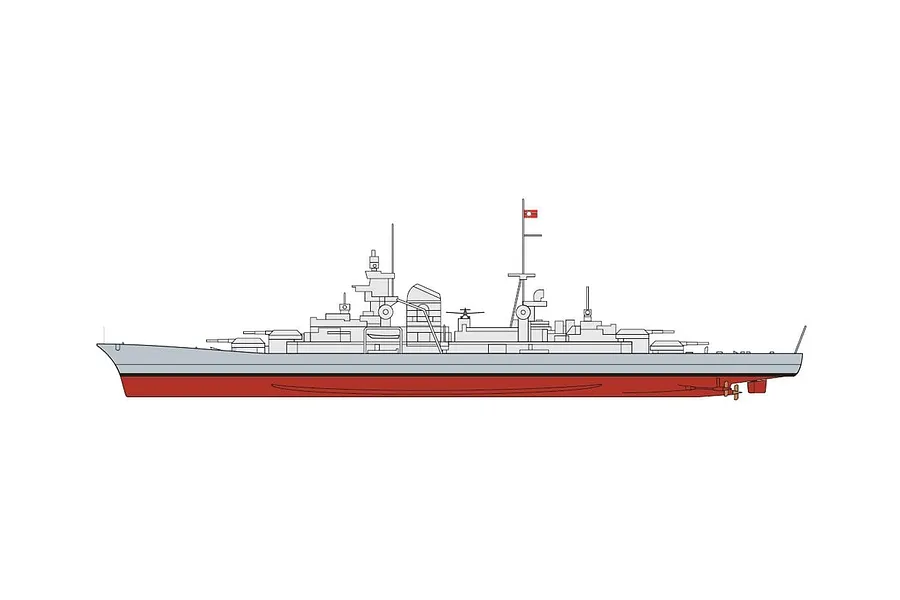 A side-profile digital illustration of the German heavy cruiser Prinz Eugen, showing the grey hull and red lower section.