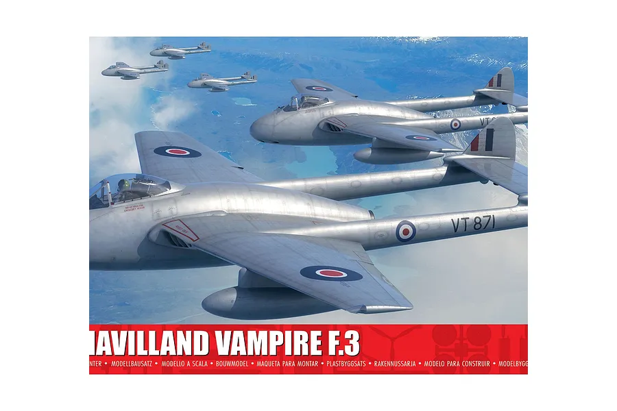 Box art for Airfix 1/48 De Havilland Vampire F.3 model kit featuring a formation of silver jet aircraft flying over a landscape.