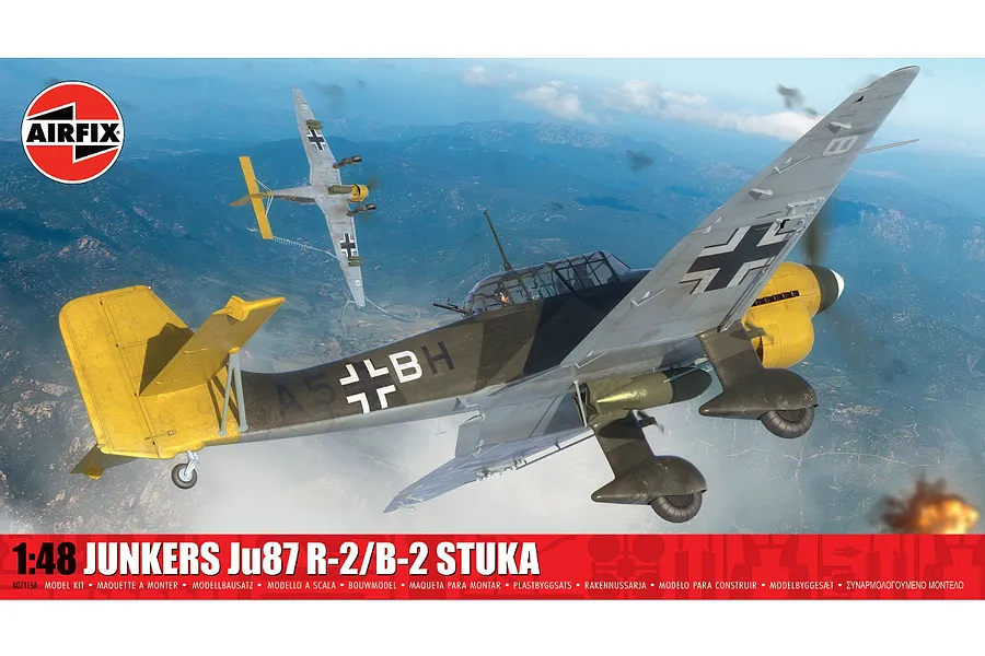 Box art for Airfix 1/48 Junkers Ju87 R-2/B-2 Stuka model kit showing two Stuka dive bombers flying over a mountainous landscape.
