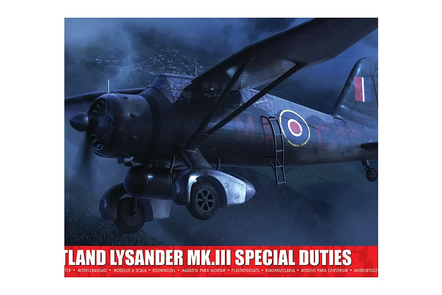 Box art for Airfix 1/48 Westland Lysander Mk.III Special Duties model kit showing the aircraft flying over a dark landscape at night.