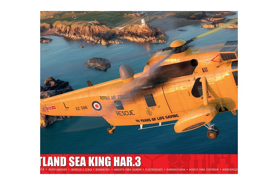 Box art for an Airfix 1/48 scale Westland Sea King HAR.3 model kit, showing a yellow RAF rescue helicopter flying over a coastal landscape.