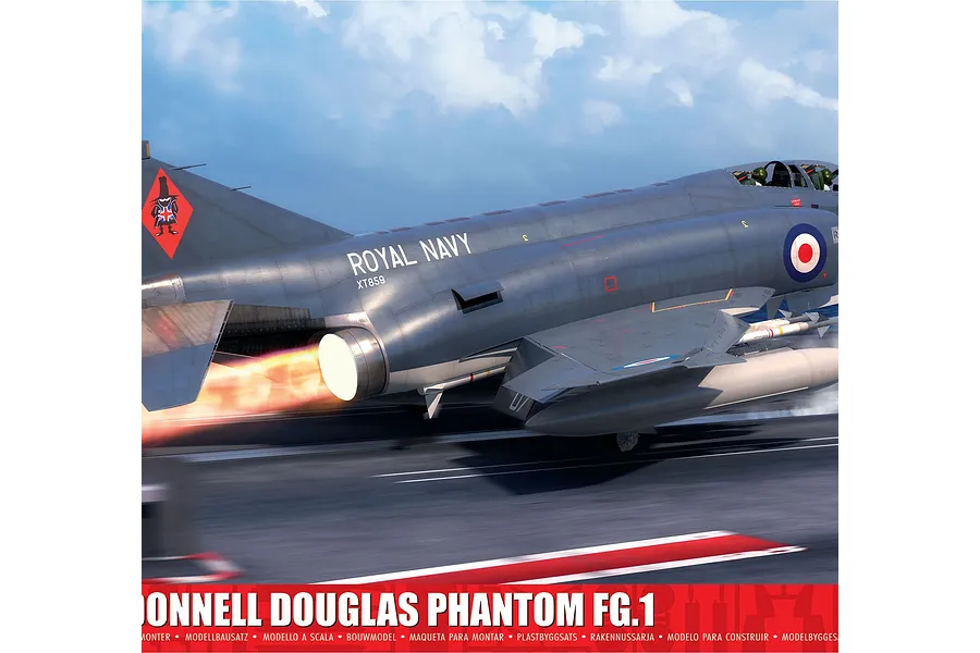 Box art for an Airfix 1/48 scale McDonnell Douglas Phantom FG.1 model kit showing a Royal Navy jet taking off from an aircraft carrier deck.