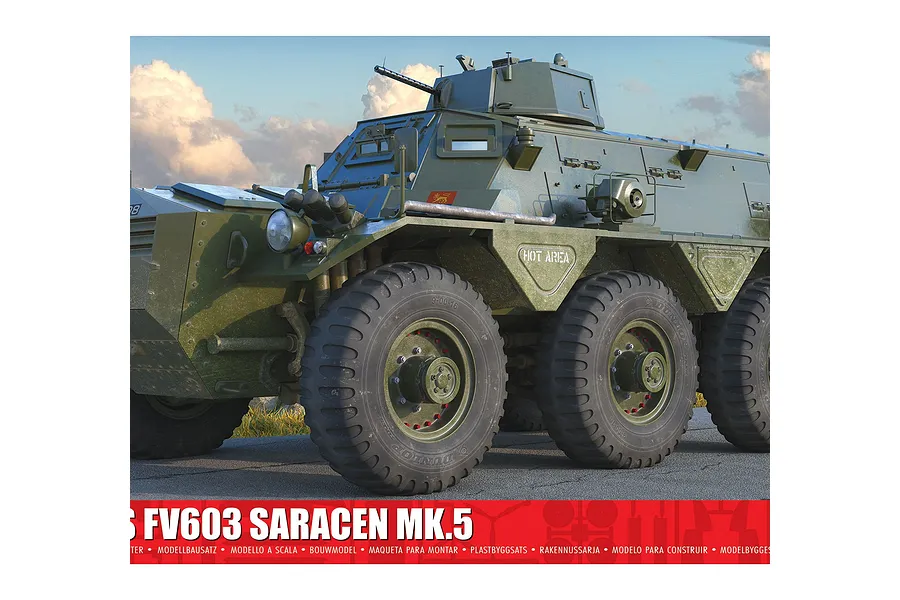 Box art for an Airfix 1/35 scale Alvis FV603 Saracen Mk.5 APC model kit, showing a detailed illustration of the green armoured vehicle on a road.