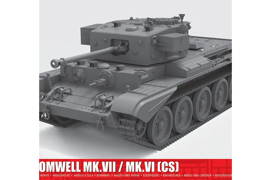 A 3D render of an unpainted grey plastic model kit of a Cromwell Mk.VII / Mk.VI (CS) tank, shown from a high-angle front three-quarter view.