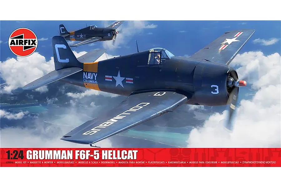 Airfix 1/24 scale Grumman F6F-5 Hellcat model kit box art showing two navy blue fighter planes flying over a tropical landscape.