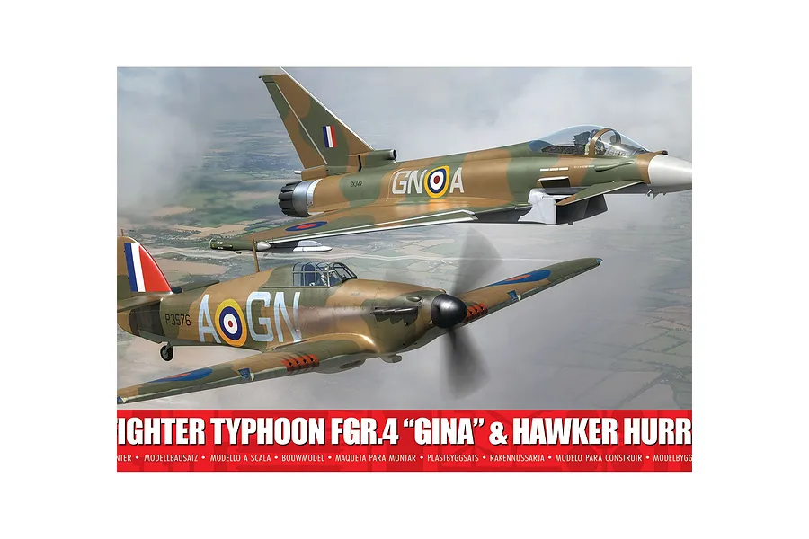 Airfix model kit box art featuring a Eurofighter Typhoon and a Hawker Hurricane flying in formation over a landscape.