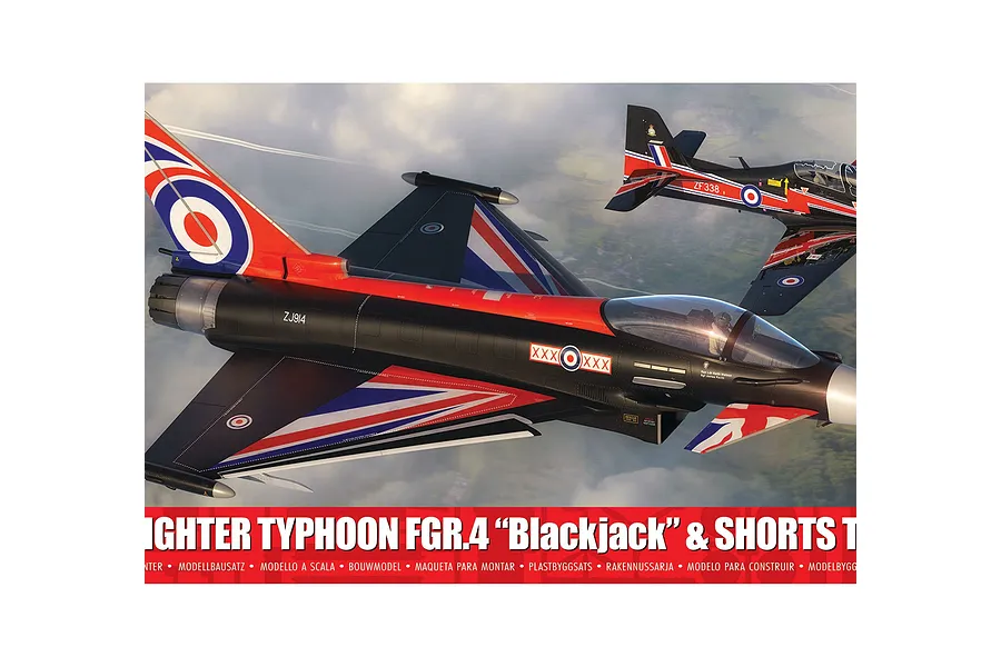 Box art for Airfix 1/72 Eurofighter Typhoon FGR.4 Blackjack and Shorts Tucano T.1 model kit showing both aircraft in flight.