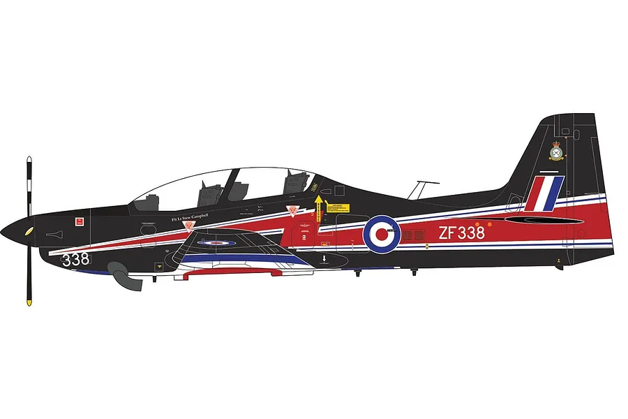 A digital side-profile illustration of a Shorts Tucano T.1 aircraft in a black, red, white, and blue livery with the serial number ZF338.