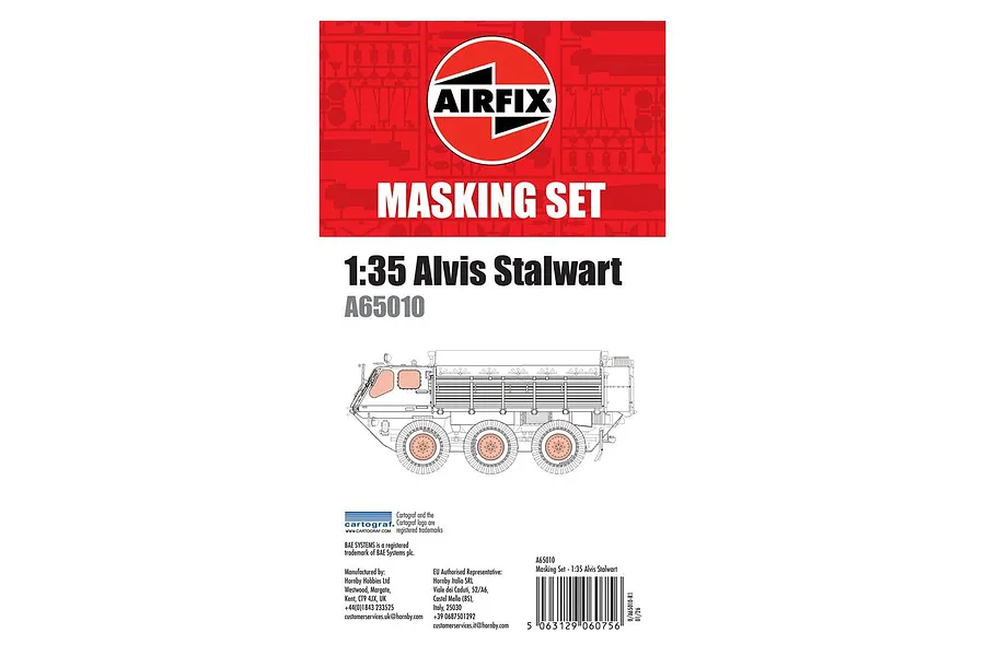 Airfix 1/35 Alvis Stalwart Masking Set packaging showing the Airfix logo, product name, and a line drawing of the vehicle.