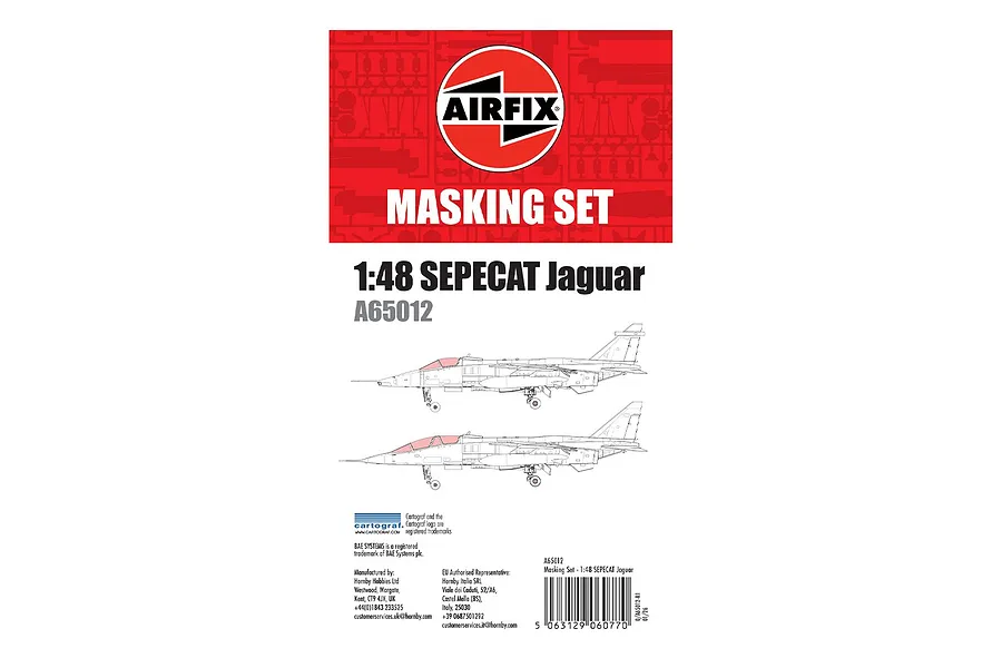 Airfix 1/48 SEPECAT Jaguar masking set packaging showing the Airfix logo and line drawings of the aircraft with canopy areas highlighted in red.