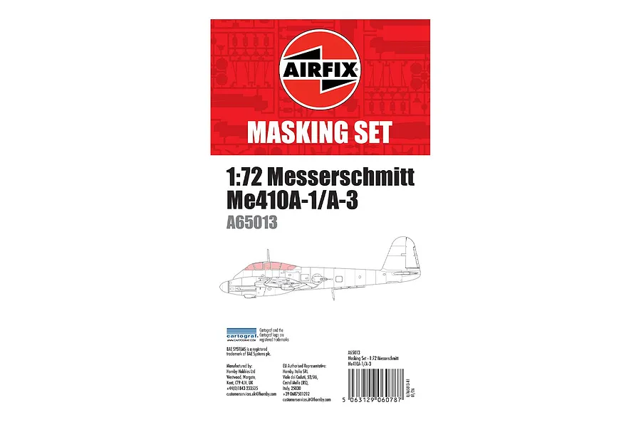 Airfix 1/72 scale Messerschmitt Me410A-1/A-3 masking set packaging showing the Airfix logo and a line drawing of the aircraft.