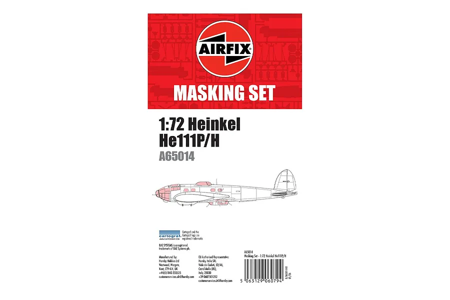 Airfix 1/72 Heinkel He111P/H Masking Set packaging showing the Airfix logo, product name, and a line drawing of the aircraft with highlighted masking areas.