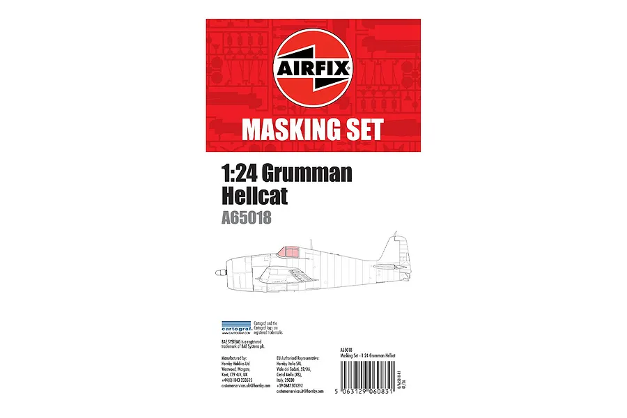 Airfix 1/24 scale Grumman Hellcat masking set packaging featuring the Airfix logo, product name, and a line drawing of the aircraft.