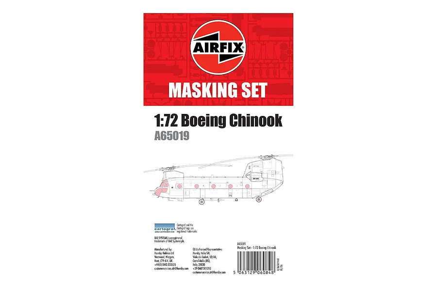 Airfix 1/72 Boeing Chinook Masking Set packaging featuring the Airfix logo, product name, and a technical line drawing of the helicopter.