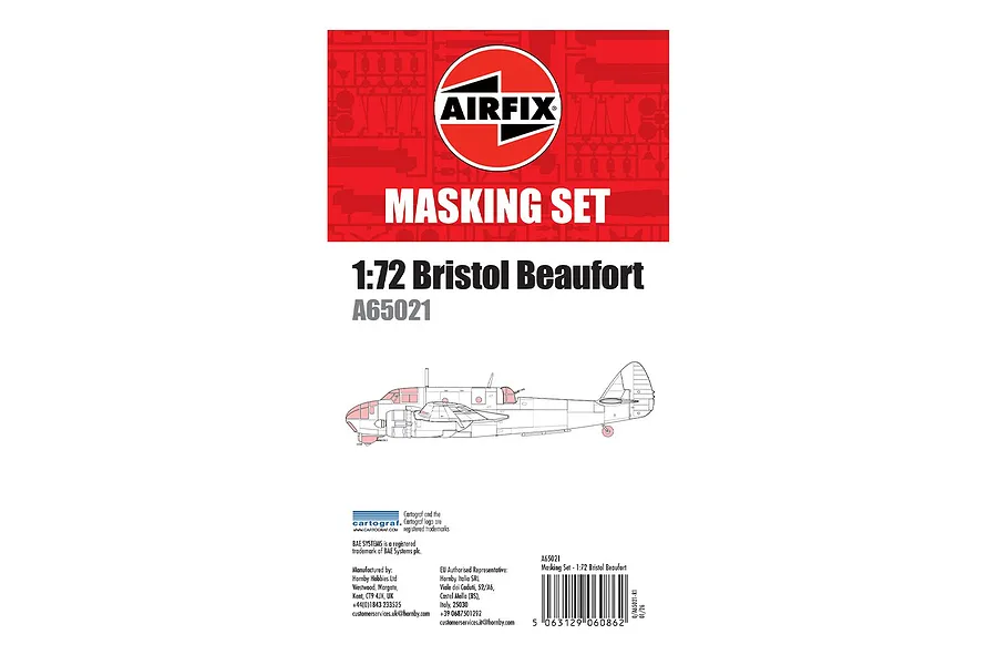 Airfix 1/72 Bristol Beaufort Masking Set packaging showing the Airfix logo, product name, and a line drawing of the aircraft.