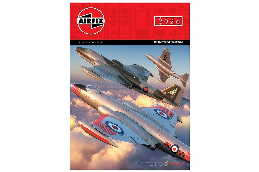 Front cover of the Airfix 2026 catalogue featuring an illustration of two military jet aircraft flying above clouds.