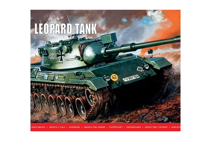 Box art for an Airfix 1/76 scale Leopard Tank plastic model kit showing a green tank driving through a muddy, smoky battlefield.