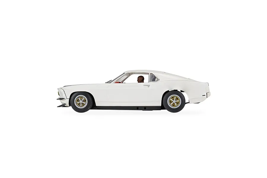 Side view of a white Scalextric 1/32 scale Ford Mustang slot car from Fast and Furious 6.