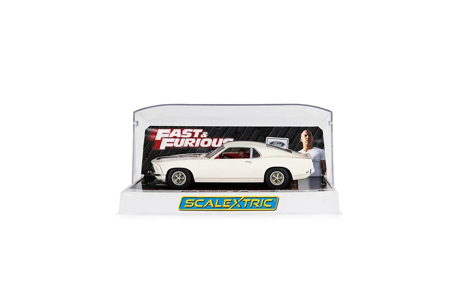 Scalextric 1/32 scale Fast and Furious 6 Ford Mustang slot car displayed in its clear plastic presentation case against a white background.
