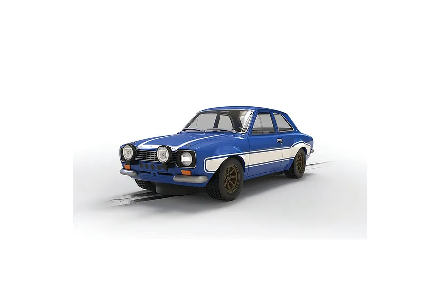 A 1/32 scale Scalextric Fast and Furious Ford Escort Mk1 slot car in blue with white racing stripes on a white background.