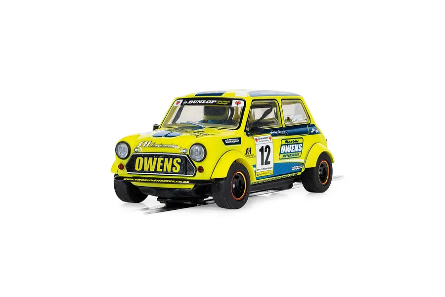 Scalextric 1/32 scale Mini Miglia slot car driven by Endaf Owens, featuring yellow and blue livery with number 12.