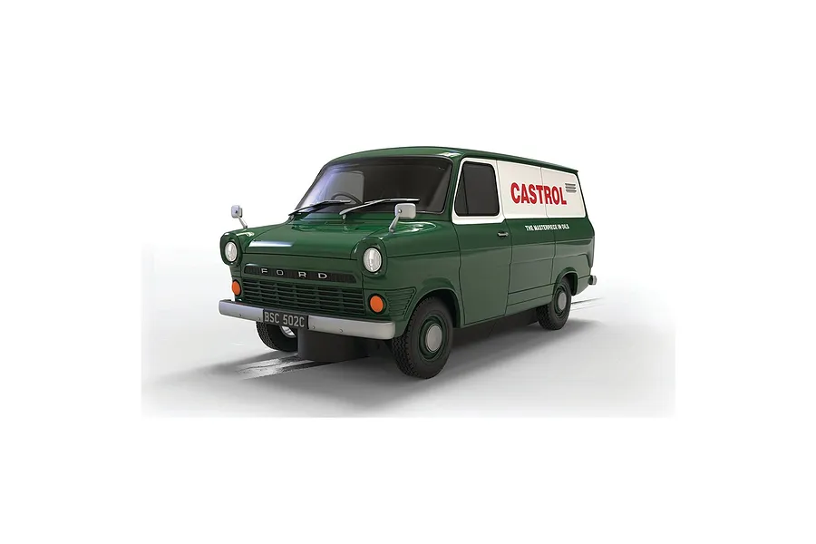 A 1/32 scale Scalextric Castrol Ford Transit MK1 slot car in green and white livery on a white background.