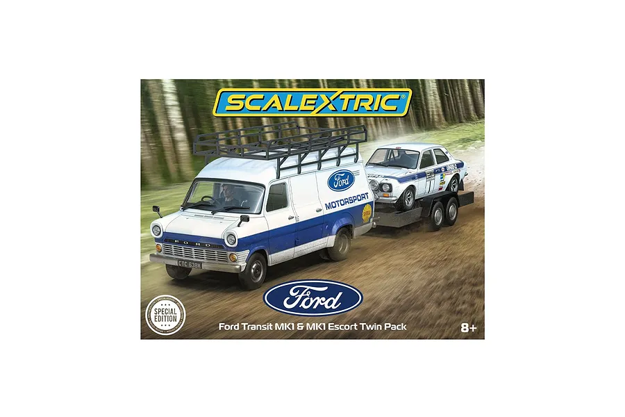 Scalextric Ford Transit MK1 and Escort MK1 twin pack box art showing a Ford Transit van towing a rally-style Ford Escort on a trailer.