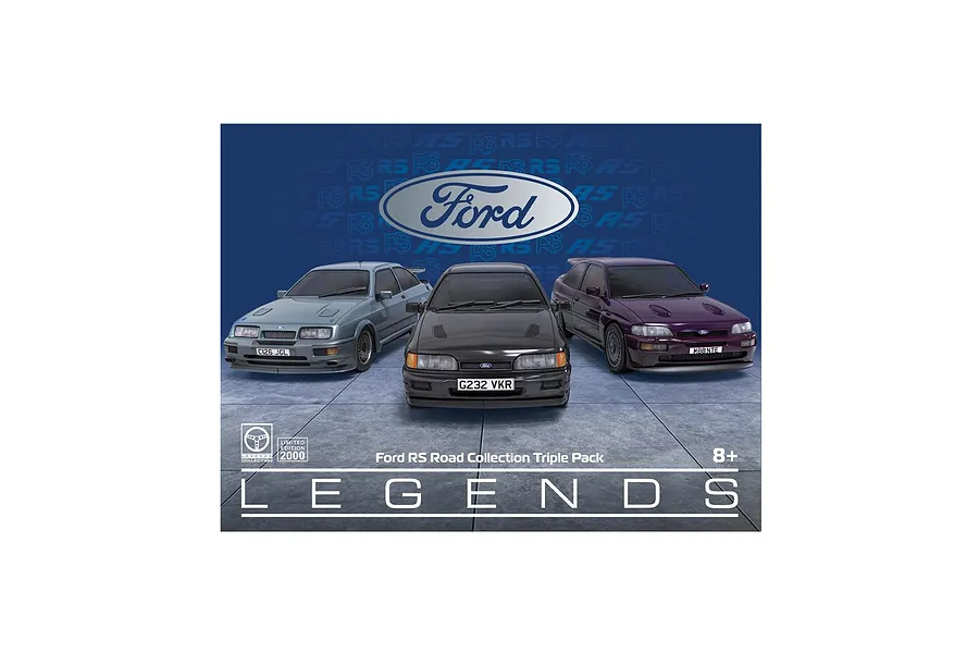 Scalextric Ford RS Road Collection triple pack box art featuring three 1/32 scale Ford RS model cars in grey, black, and purple.