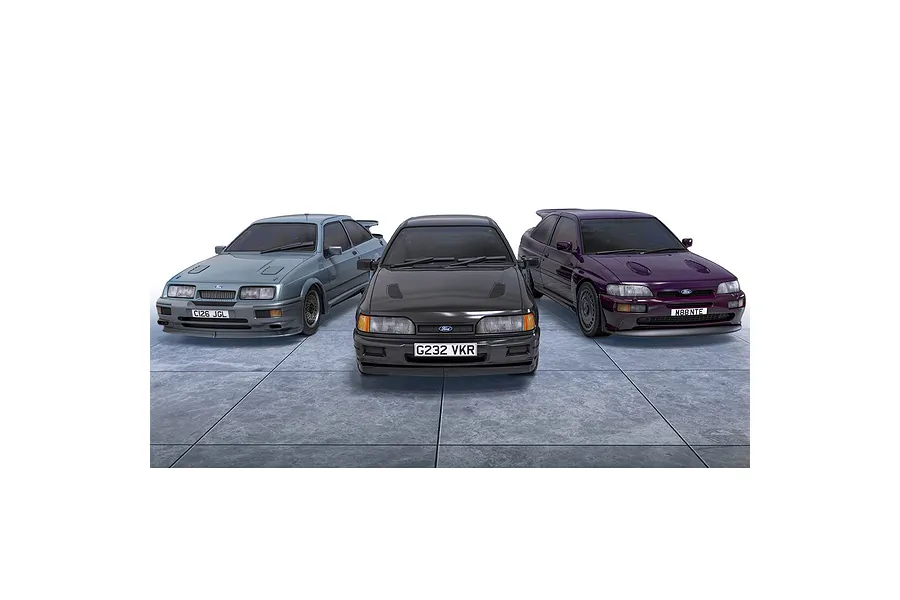 Three Scalextric 1/32 scale Ford RS slot cars in grey, black, and purple parked on a tiled surface.