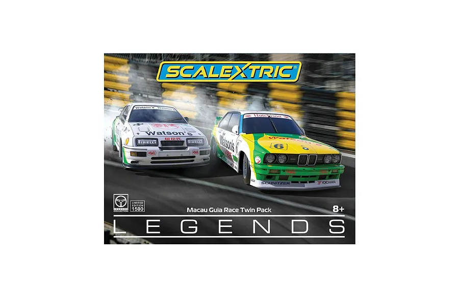 Scalextric Macau Guia Race Legends Twin Pack box art featuring two racing slot cars on a track.