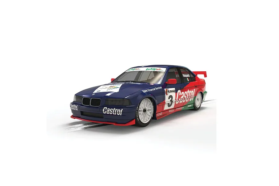 A 1/32 scale Scalextric BMW E36 320i slot car in Castrol racing livery, featuring blue, red, and white paint with number 3 decals.
