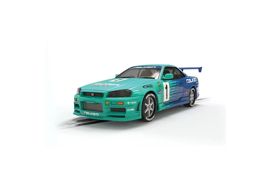 Scalextric 1/32 scale Nissan R34 Skyline GTR slot car featuring the iconic Falken Tyres teal and blue racing livery with number 1 on the side.
