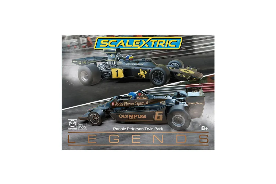 Scalextric 1/32 scale Lotus 72 and 79 slot car twin pack box art featuring two black and gold Formula 1 cars on a racetrack.